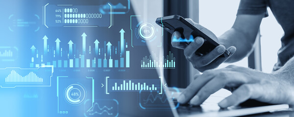 Poster - Man hands with smartphone, laptop and digital business dashboard