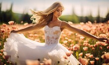 Photo Of A Woman Standing In A Field Of Flowers Wearing A White Dress