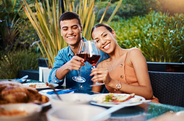 Portrait, happy couple and toast with wine glass at restaurant, bonding and having fun. Face, alcohol and man and woman cheers at dinner party, celebration date and drink together at outdoor table