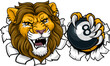 A lion angry mean pool billiards mascot cartoon character holding a black 8 ball.