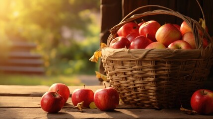 Ripe Red Apples in a Basket in the Garden created with Generative AI technology