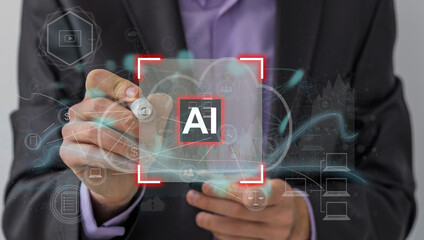 Leinwandbilder - Hand touching hologram modern Technology AI Artificial Intelligence is a thought-processing robot system with OpenAI via graphic illustration for online business.