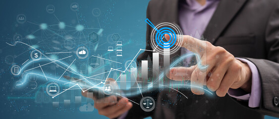 Aufkleber - Businessman touching virtual screen Graph analysis of business growth and investment, strategic planning to increase sales profits, long-term business plan.