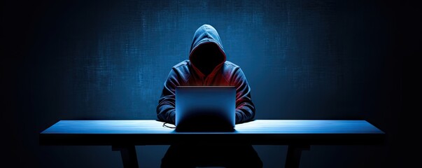 Canvas Print - Hacker is using dark background laptop. Young man in hood doing online robbery. Battle for internet security