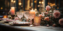 Elegant Table Setting With Beautyful Flowers, Candles And Wine Glasses In Restaurant. Selective Focus. 