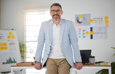 Poster - Portrait. business and man with a smile, ceo and management with career, investor and person in a workplace. Employee, accountant and trader with entrepreneurship, corporate executive and consultant