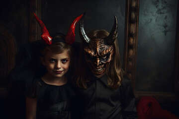 Wall Mural - kids girl and boy with devils horns and demonic eyes