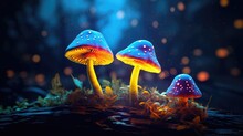 Fantasy Glowing Mushrooms In A Dark Dark Forest Close-up. Created With Generative AI Technology