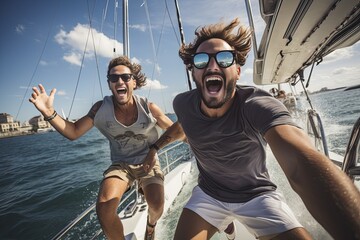 Canvas Print - People jumping from yacht