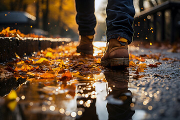 Ground level close-up shot of a man's leg wearing shoes, walking in a puddle.