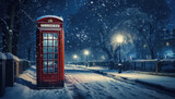 Fototapeta Londyn - red phone booth on a snowy street,