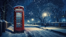 Red Phone Booth On A Snowy Street,