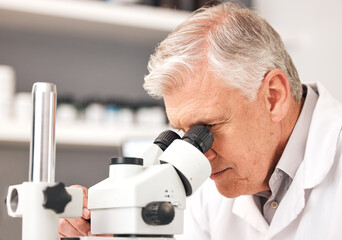 Poster - Scientist, man and microscope in laboratory research, DNA analysis and pharmaceutical development or medical study. Professional science or senior person in biotechnology and lens check for particles