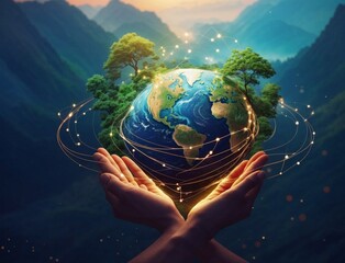 hands holding earth with tree on globe and energy lines concept, 