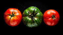 Various Fresh Tomatoes On Black Background
