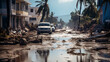 Leinwandbild Motiv Flooded streets on tropical island after hurricane. Extreme weather caused by climate change.