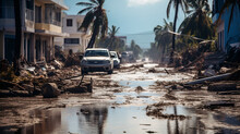 Flooded Streets On Tropical Island After Hurricane. Extreme Weather Caused By Climate Change.
