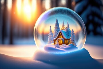 Poster - Beautiful Christmas decoration with a snowy glass ball at sunset in the forest. AI generated.