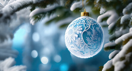 Wall Mural - A beautiful Christmas ball on a spruce branch with an intricate handmade pattern. AI generated.