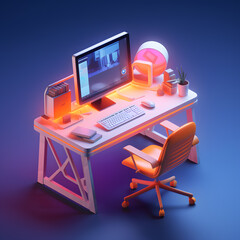 Wall Mural - 3d Isometric layout of a school desk, chair and desk with computer