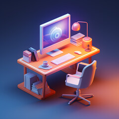 Wall Mural - 3d Isometric layout of a school desk, chair and desk with computer