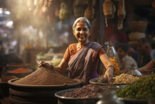 Indian Woman Selling Spices At Local Market.