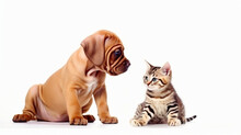 Bordeaux Puppy Dog Playing With Bengal Kitten Isolated On White Background