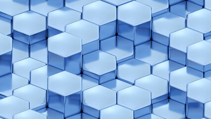 Wall Mural - Abstract 3D geometric background, blue metal hexagons shapes, 3D honeycomb pattern.