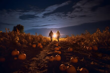 Couples Exploring A Pumpkin Patch At Night