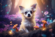 A Fantasy Magic Dog In A Fairy-tale Wonderland Forest.Artistic Abstract Cute Animal,3D Rendering.