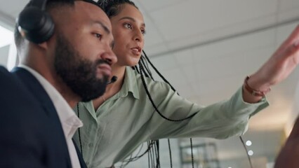 Poster - Business people, call center and coaching in customer service, support or telemarketing at office. Businessman or woman training staff on computer software or online advice in contact us at workplace