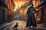 Fototapeta  - A man dressed with a plague doctor mask and costume from seventeenth-century. Generative AI