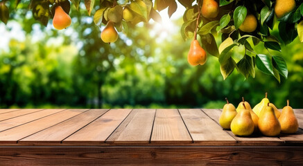 Empty rustic old wooden boards table copy space with pear trees orchard in background. Some ripe fruits on desk. Product display template. Generative AI