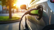 © Pravit - Generative AI. electric vehicle charging station with power cable supply plugged station, EV car charging station, eco power, green energy, blue power, electric energy, technology concept