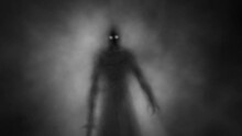 Gloomy Ancient Warrior With Glowing Eyes. Scary Knight Ghost With Sword In Smoke. Horror Fantasy Genre. Dark Spirit Cave. Animated Video Clip. Creepy Short Film For Spooky Halloween And  Vj Loops.