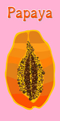 Poster - Beautiful big papaya illustration. An excellent and juicy papaya cut down the middle showing the gut with the pits inside.