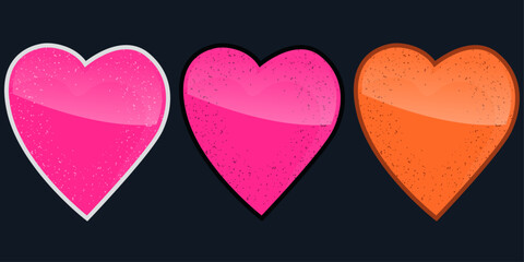 Leinwandbilder - Set of three shiny hearts. Pink or orange heart, grainy and sticker-like stroke.
