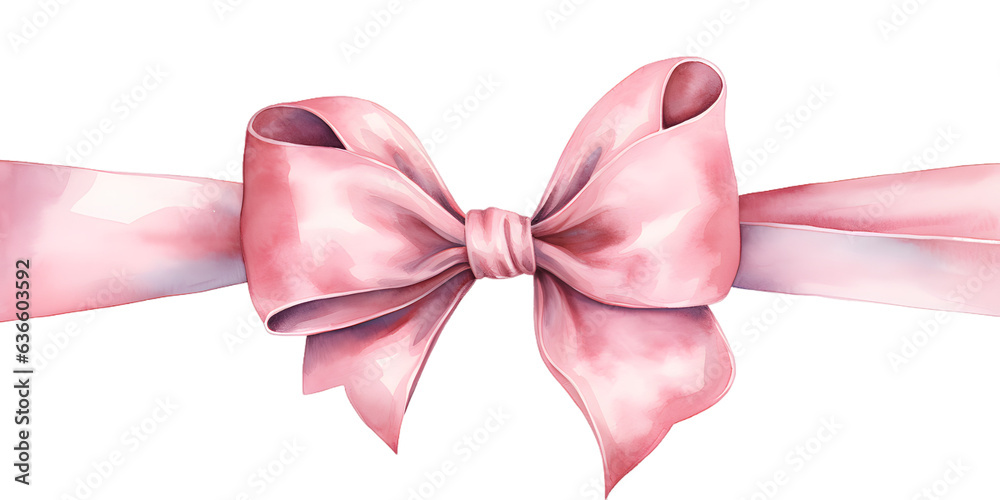 Pink bow with ribbon watercolor illustration isolated on transparent ...