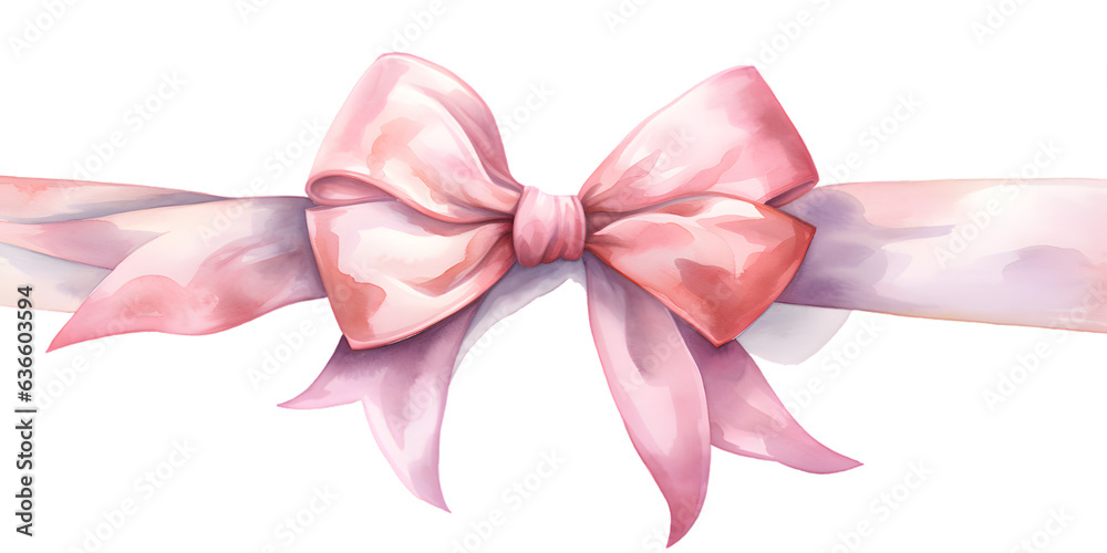 Pink bow with ribbon watercolor illustration isolated on transparent ...