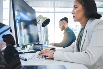 Poster - Computer, business and employees working in a company or startup agency typing email document or research on internet. Website, web and corporate people in an office doing online communication