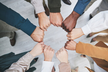 Aufkleber - Hands, fist bump and team, support with solidarity and business people with top view and community. Synergy, cooperation and huddle, collaboration and corporate group with trust, meeting and mission