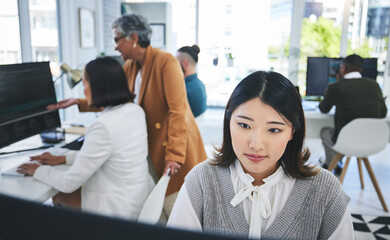Leinwandbilder - Programming, software and computer with business woman in office for coding, developer and information technology. Database, website and research with Asian person in it startup for digital and code