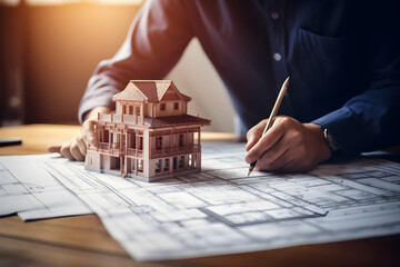 Wall Mural - Generative AI. senior architiect designer working on blueprint with building model on workplace desk in office center at construction site, contractor, construction, engineering concept