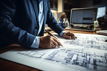 Wall Mural - Generative AI. senior architect in suit designer working with blueprint on workplace desk in office center at construction site, contractor, construction, engineering concept