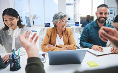 Canvas Print - Planning, funny and business people in a meeting, collaboration or conversation with teamwork, smile or laptop. Technology, men or women with ideas, cooperation or partnership with company growth