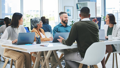 Canvas Print - Planning, talking and business people in a meeting, brainstorming or conversation for new project, teamwork or laptop. Technology, men or women with ideas, cooperation or partnership with negotiation