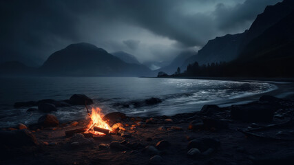 Wall Mural - Burning campfire on the lonely overcast beach..Camping on the beach at night. Cloudy, foggy and rainy weather. Moody and dramatic.