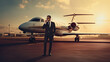 © PaulShlykov - Smiling businessman with private plane on background. Business jet exterior.