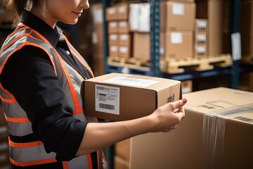 Young woman while working in a postal service warehouse. Hands with a cardboard box close-up. Accounting and timely dispatch of parcels from online stores.