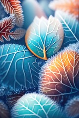 Wall Mural - The texture of beautiful colorful leaves in hoarfrost in autumn or early winter. AI generated.